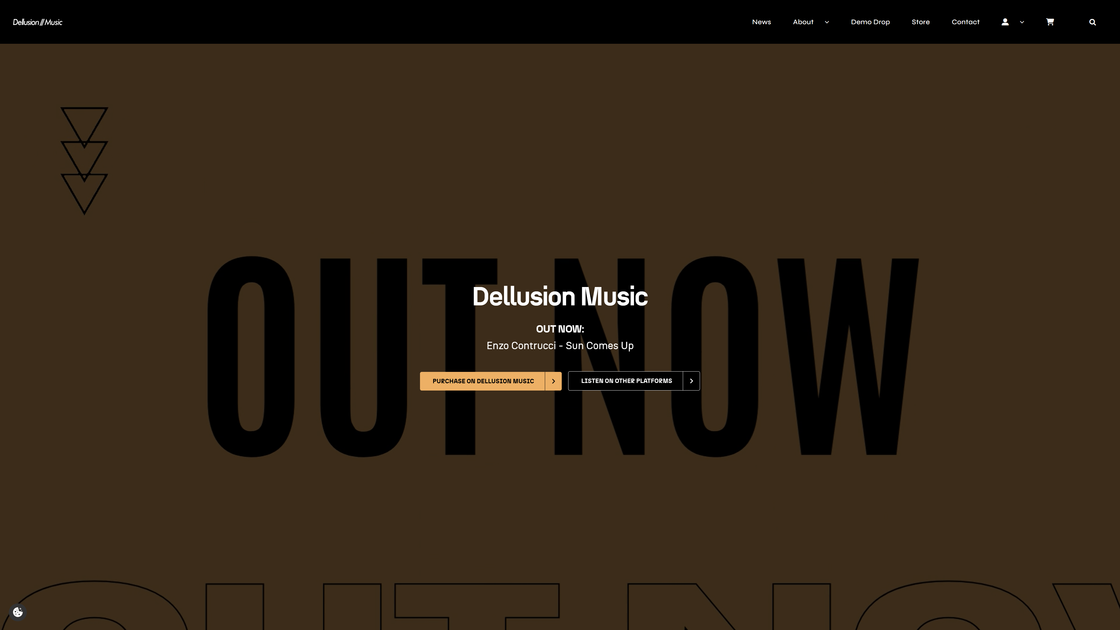 Homepage van Dellusion Music met een donkerbruine hero, de release 'Sun Comes Up' van Enzo Contrucci en een oranje aankoopknop