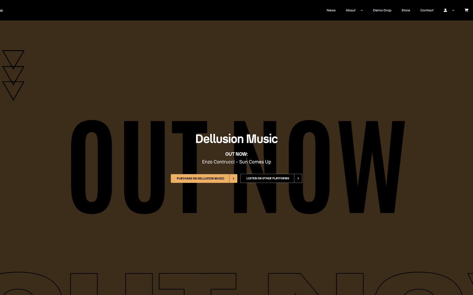 Homepage van Dellusion Music met een donkerbruine hero, de release 'Sun Comes Up' van Enzo Contrucci en een oranje aankoopknop