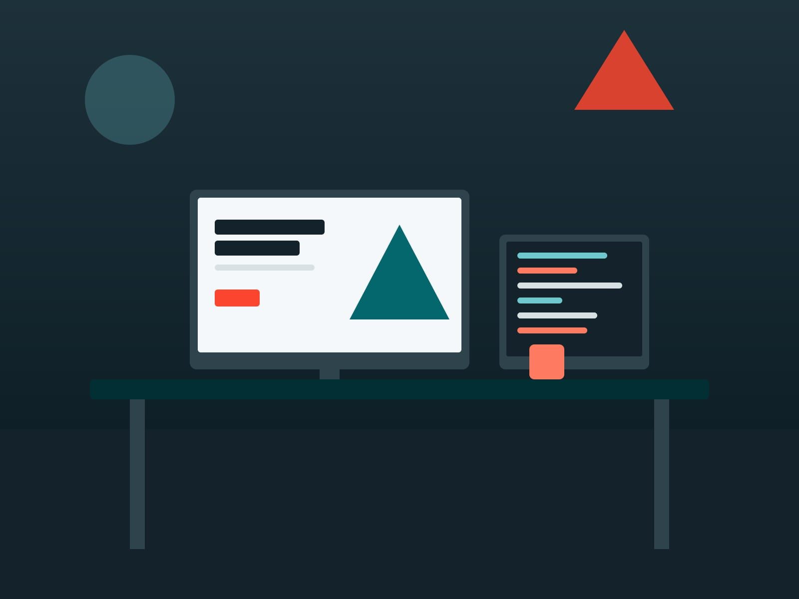 Werkplek van FoxStudio met een websiteontwerp op het scherm en code op een tweede monitor